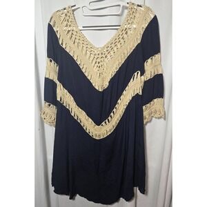 Navy Blue Boho Crochet Yoke Dress Cover up Macrame 3/4 Sleeve Festival Sz Small